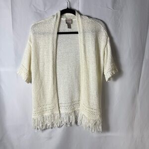 Chico's Womens Cream Fringe Open Cardigan Shrug Size0 Woven Y2K Eyelet Winter
